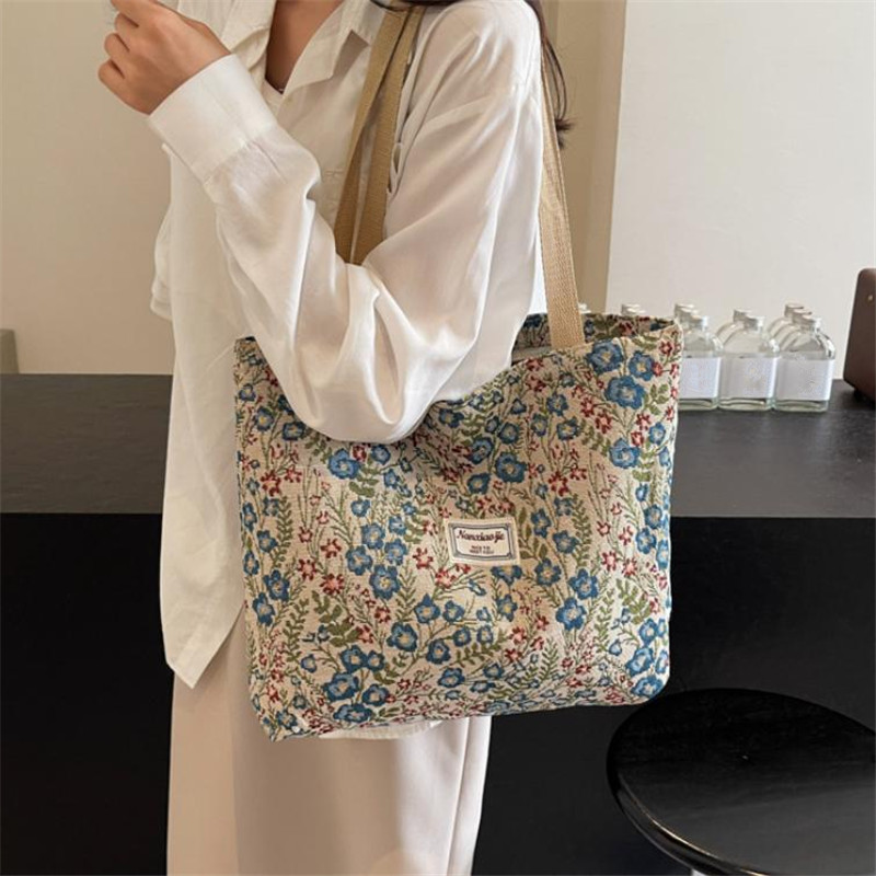 Women'S Work Bags Tote - Embroidery Floral Canvas Handbags Delicate Blossom